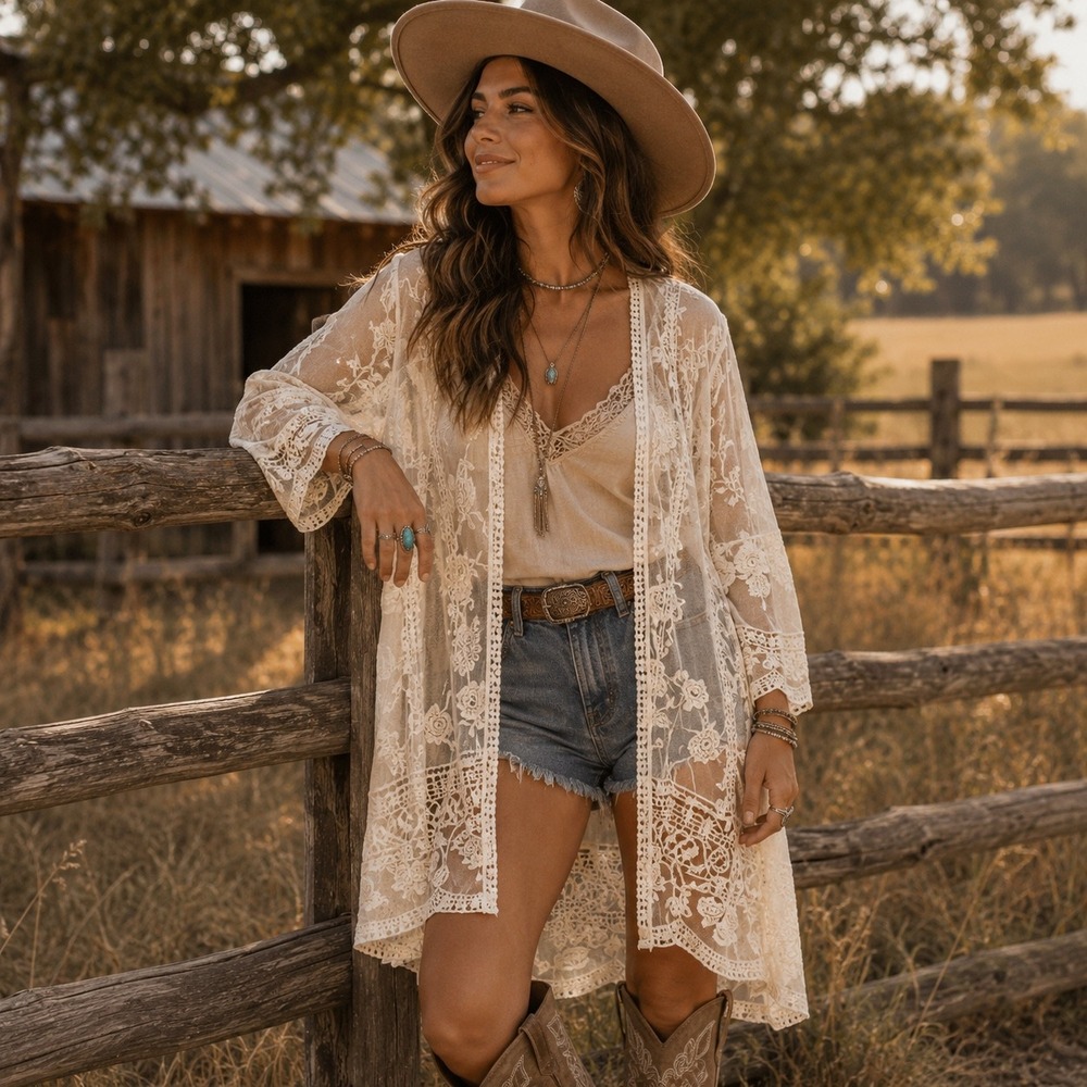 Cream Floral Lace Kimono Duster Open Front Sheer Mesh Embroidered‎ S-M TT201330